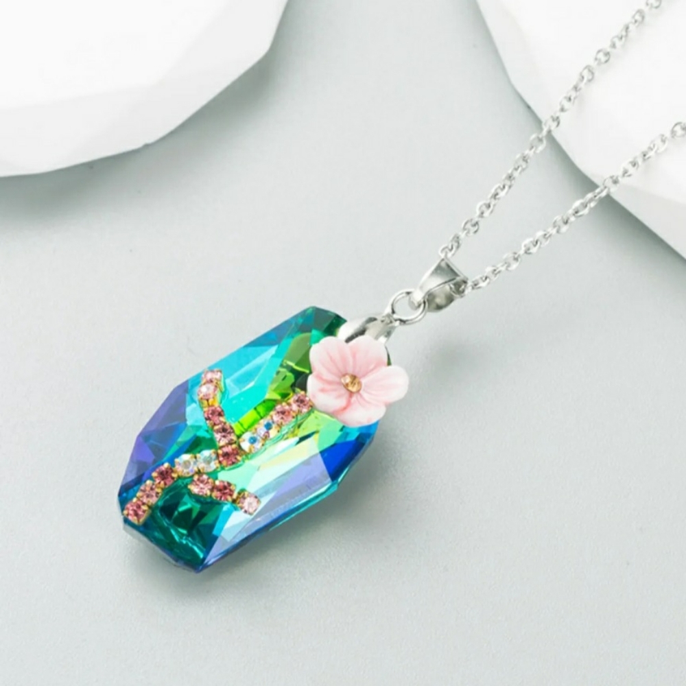 Iridescent Flower Necklace Rhinestones Blue/Green & Alloy Plating - Picture 7 of 12